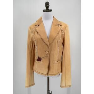 Nicola Berti Womens Taupe Leather Collared Ruffle Hems Western Jacket Sz XL NEW